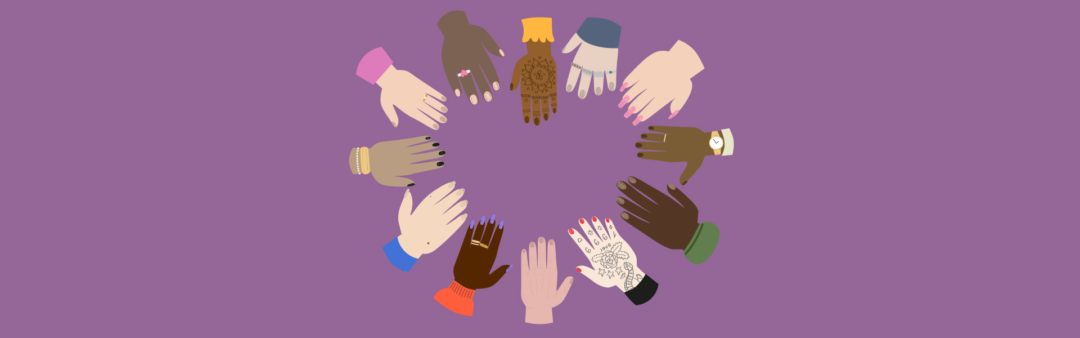 reis aus vielfältigen Händen auf lila Hintergrund