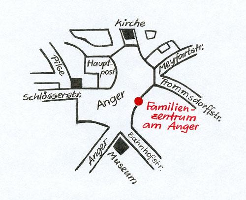 Handgezeichnete Wegbeschreibung zum Familienzentrum am Anger